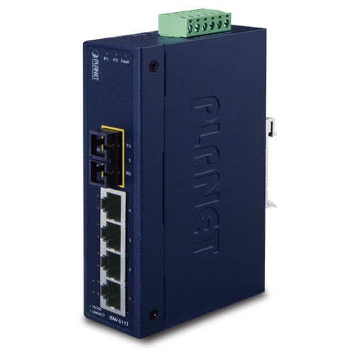 4-Port 10/100Base-TX + 1-Port 100Base-FX Industrial Ethernet Switch with Wide Operating Temperature (-40~75 degrees C) ISW-511T / ISW-511TS15