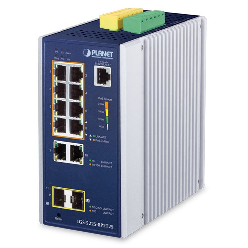 Industrial L2+ 8-Port 10/100/1000T 802.3at PoE + 2-Port 10/100/1000T + 2-Port 1G/2.5G SFP Managed Ethernet Switch IGS-5225-8P2T2S