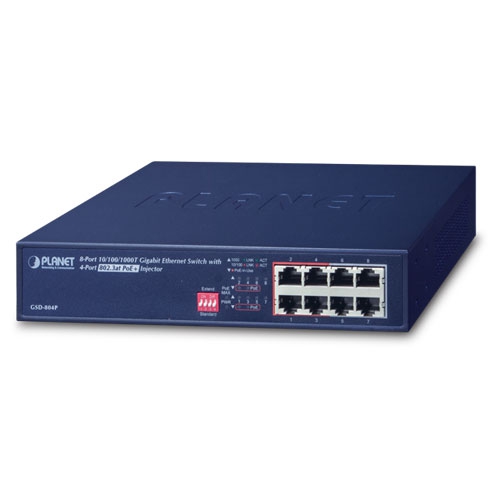 8-Port 10/100/1000Mbps Gigabit Ethernet Switch with 4-Port 802.3at PoE+ Injector Function GSD-804P