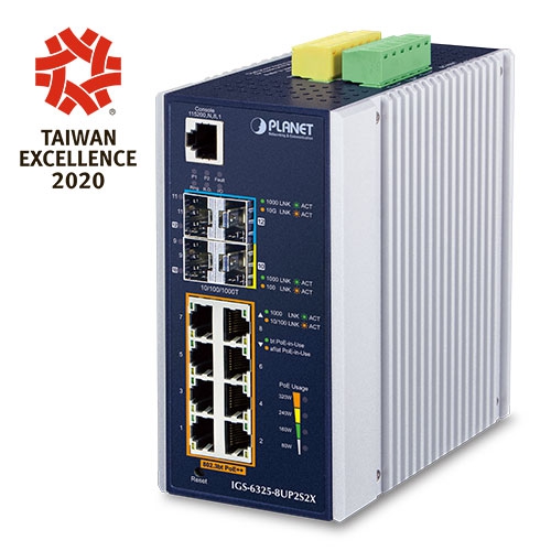 Industrial L3 8-Port 10/100/1000T 802.3bt PoE + 2-Port 1G/2.5G SFP + 2-Port 10G SFP+ Managed Ethernet Switch IGS-6325-8UP2S2X