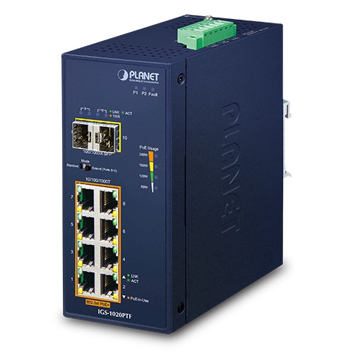 Industrial 8-Port 10/100/1000T 802.3at PoE + 2-Port 100/1000X SFP Ethernet Switch (-40~75 degrees C) IGS-1020PTF