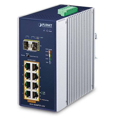 Industrial 8-Port 10/100/1000T 802.3at PoE + 2-Port 100/1000X SFP Ethernet Switch w/ 12V Booster (-40~75 degrees C) IGS-1020PTF-12V