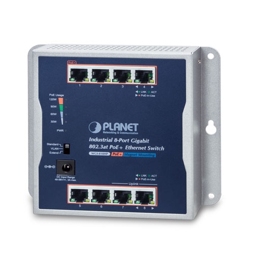 Industrial 8-Port 10/100/1000T Wall-mounted Gigabit PoE+ Switch WGS-818HP