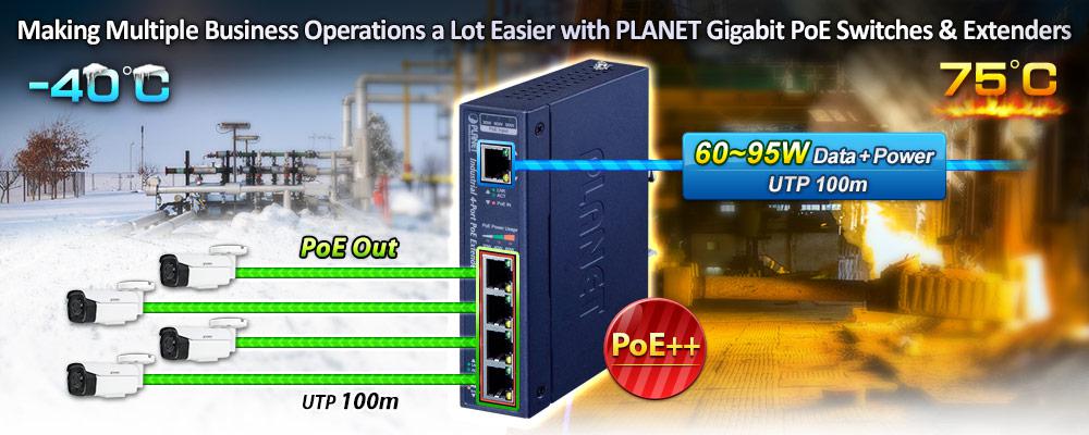 4 Port Gigabit PoE Extender (IEEE 802.3af/at/bt) PoE Injector, DIN-Ra