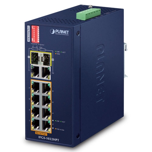 Industrial 8-Port 10/100TX 802.3at PoE + 2-Port Gigabit TP/SFP Combo Ethernet Switch IFGS-1022HPT