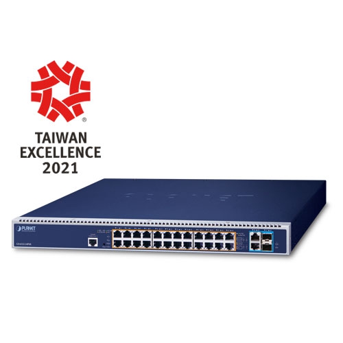 L3 24-Port 10/100/1000T 802.3bt PoE + 2-Port 10GBASE-T + 2-Port 10G SFP+ Managed Switch with Dual Modular Power Supply Slots GS-6322-24P4X