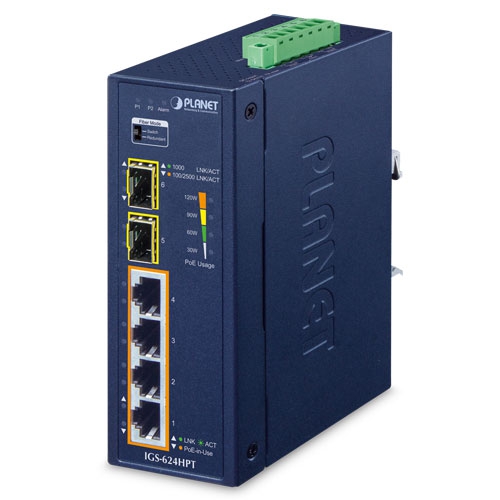 Industrial 4-Port 10/100/1000T 802.3at PoE + 2-Port 100/1000/2500X SFP Ethernet Switch IGS-624HPT