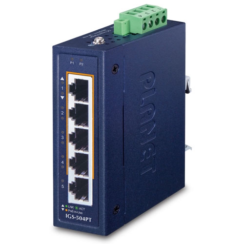 Compact Industrial 4-Port 10/100/1000T 802.3at PoE + 1-Port 10/100/1000T Ethernet Switch (-40~75 degrees C) IGS-504PT