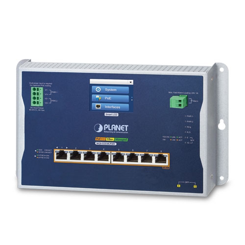 Industrial L2+ 8-Port 10/100/1000T 802.3bt PoE + 2-Port 1G/2.5G SFP Wall-mount Managed Switch with LCD Touch Screen WGS-5225-8UP2SV