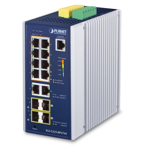 Industrial L2+ 8-Port 10/100/1000T 802.3at PoE + 2-Port 10/100/1000T + 2-Port 100/1G SFP + 2-Port 1G/2.5G SFP Managed Ethernet Switch IGS-5225-8P2T4S
