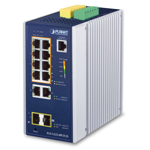Industrial L2+ 8-Port 10/100/1000T 802.3at PoE + 2-Port 10/100/100T +2-Port 100/1G/2.5G SFP Managed Ethernet Switch IGS-5225-8P2T2S
