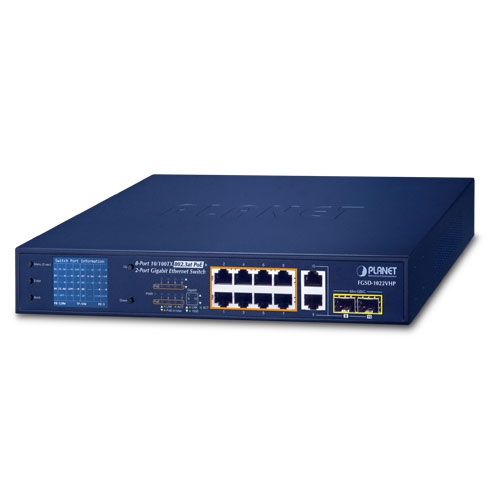 8-Port 10/100TX 802.3at PoE + 2-Port Gigabit TP/SFP Combo Desktop Switch with PoE LCD Monitor FGSD-1022VHP