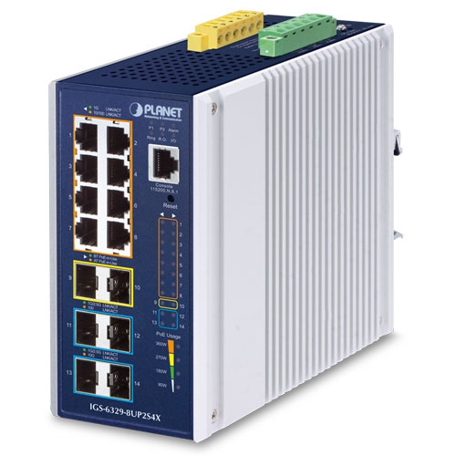 Industrial L3 8-Port 10/100/1000T 802.3bt PoE + 2-Port 1G/2.5G SFP + 4-Port 10G SFP+ Managed Ethernet Switch IGS-6329-8UP2S4X