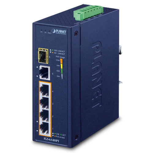 Industrial 4-Port 10/100/1000T 802.3at PoE + 1-Port 10/100/1000T + 1-Port 100/1000X SFP Gigabit Ethernet Switch IGS-614HPT