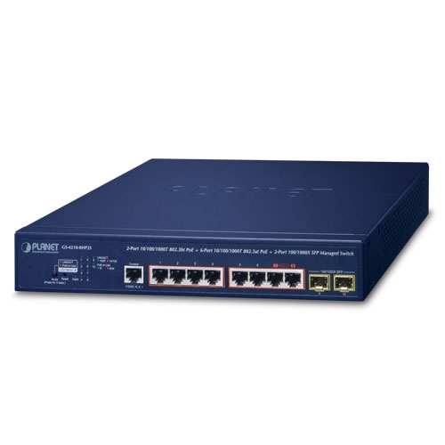 2-Port 10/100/1000T 802.3bt PoE + 6-Port 10/100/1000T 802.3at PoE + 2-Port 100/1000X SFP Managed Switch GS-4210-8HP2S