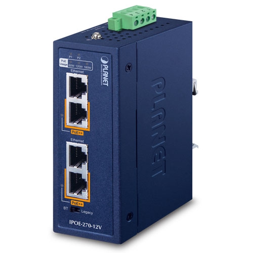Industrial 2-port Multi-Gigabit 802.3bt PoE++ Injector Hub IPOE-270 / IPOE-270-12V