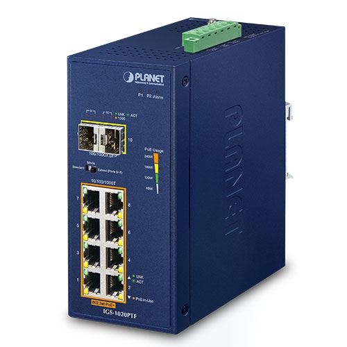 Industrial 8-Port 10/100/1000T 802.3at PoE + 2-Port 100/1000X SFP Ethernet Switch IGS-1020PTF
