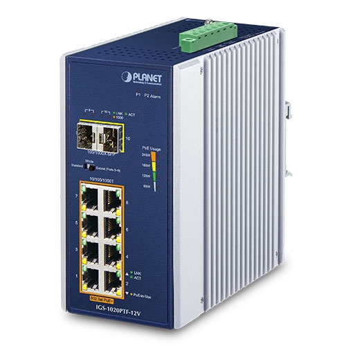 Industrial 8-Port 10/100/1000T 802.3at PoE + 2-Port 100/1000X SFP Ethernet Switch w/ 12V Booster IGS-1020PTF-12V