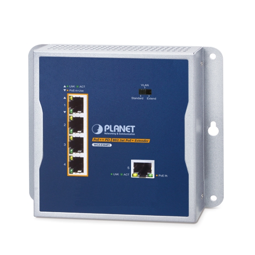 Industrial 1-Port 10/100/1000T 802.3bt PoE++ to 4-Port 802.3at PoE+ Wall-mounted Extender WGS-E304PT