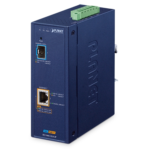 Industrial 1-Port 10G SFP+ + 1-Port 10GBASE-T 802.3bt PoE++ Managed Media Converter IXT-900-1X1UP